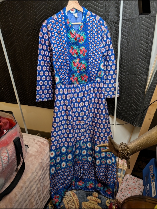 Vintage Dresses & Skirts - Vintage Blue Floral Maxi Housecoat Dress